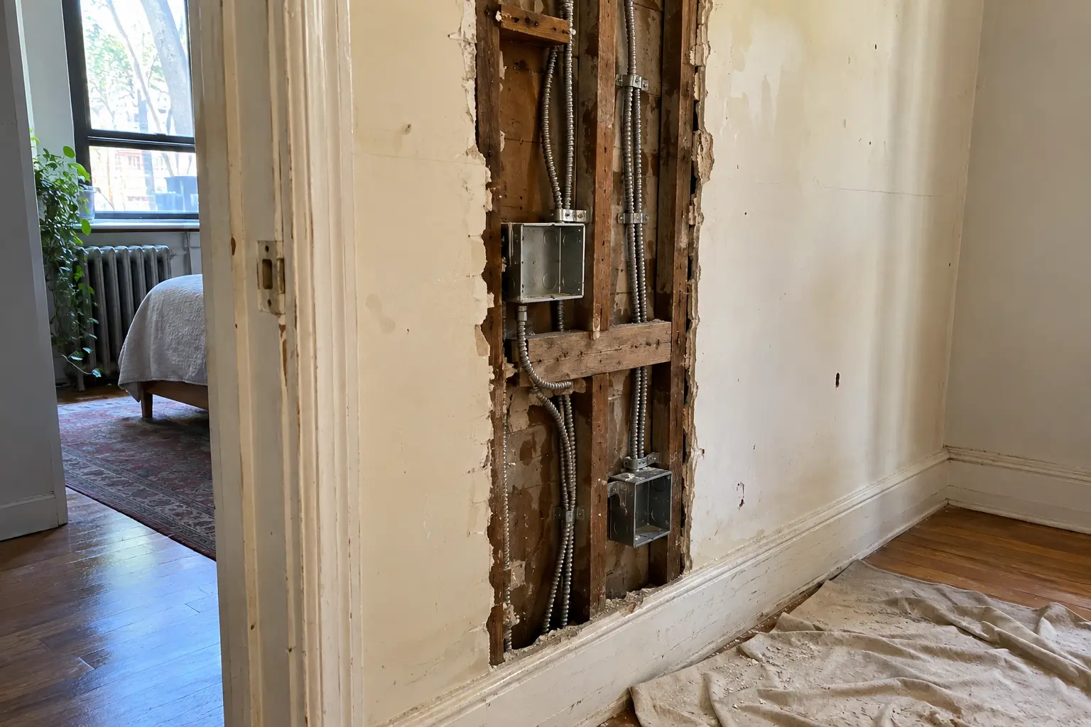 Exposed electrical boxes and armored cable during Brooklyn brownstone rewiring